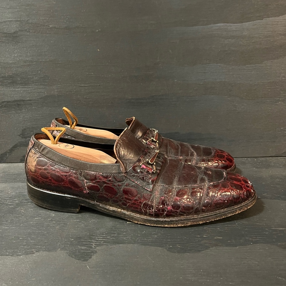 Vintage Allen Edmonds Madrid Mens 9.5 Brown Red Crocodile Leather Loafers